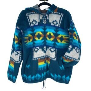ARTESANIAS TUNTAQUIMBA Ecuador Made 100% Wool Blue Aztec Southwestern Hoodie S